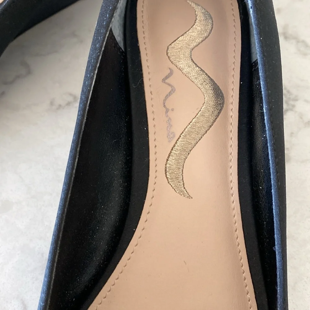 Nina Black Luster Satin Raiyana low wedge evening shoes